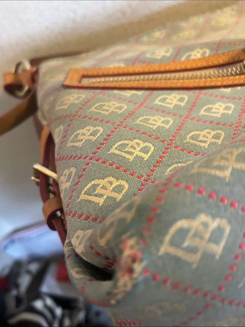Women’s Shoulder Bag in Blue and Tan with Patterned Monogram